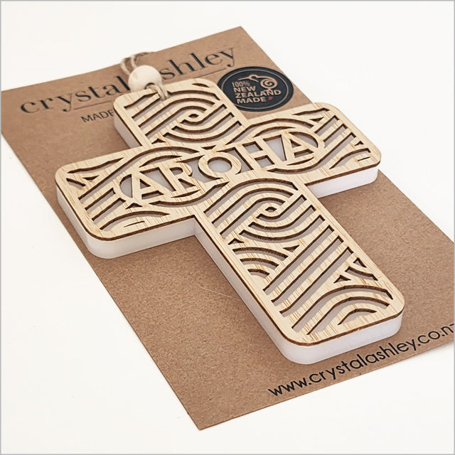 Hanging Ornament - Cross 12 Aroha 2 (White Satin Acrylic)