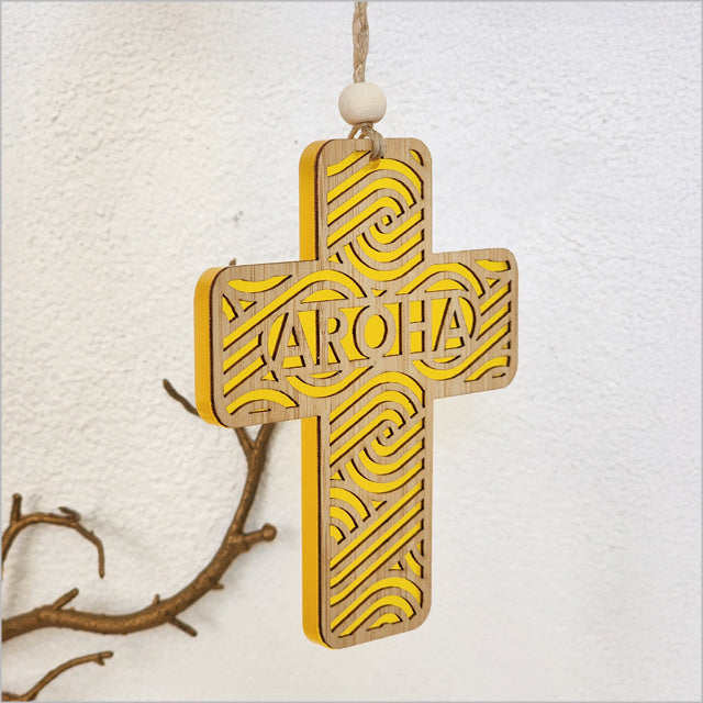 Hanging Ornament - Cross 12 Aroha 2 (Yellow Satin Acrylic)
