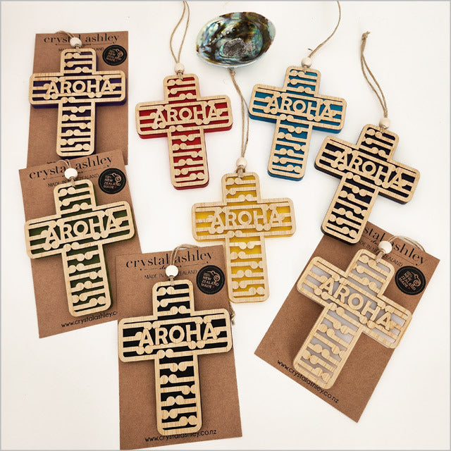 Hanging Ornament - Cross 9 Koru+Aroha (Teal Satin Acrylic)