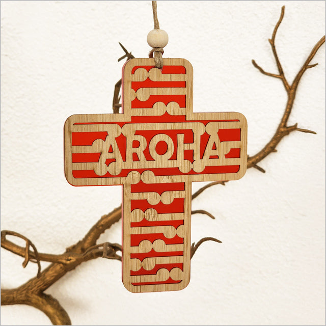 Hanging Ornament - Cross 9 Koru+Aroha (Red Satin Acrylic)