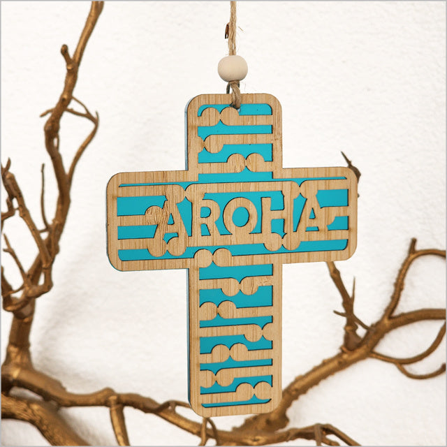 Hanging Ornament - Cross 9 Koru+Aroha (Teal Satin Acrylic)