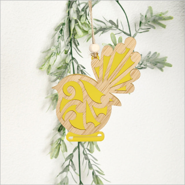 Hanging Ornament - Koru Fantail (Yellow Satin Acrylic)