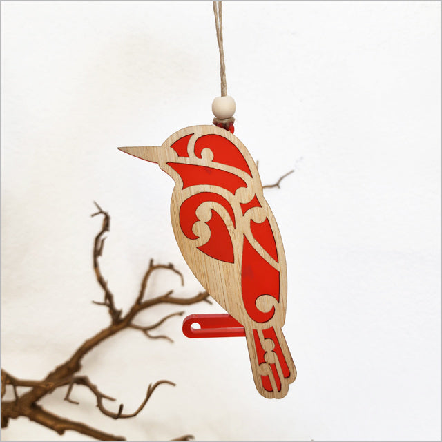 Hanging Ornament - Koru Kingfisher (Red Satin Acrylic)