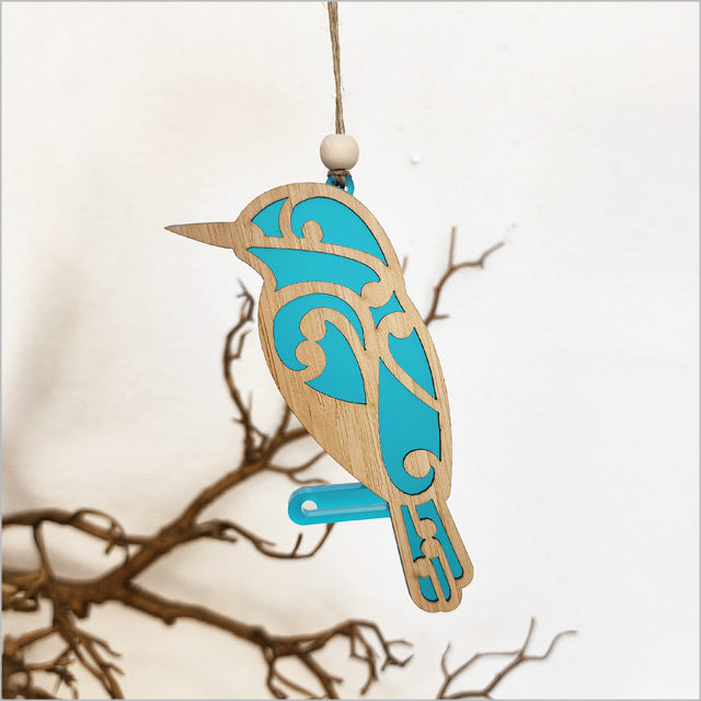 Hanging Ornament - Koru Kingfisher (Teal Satin Acrylic)