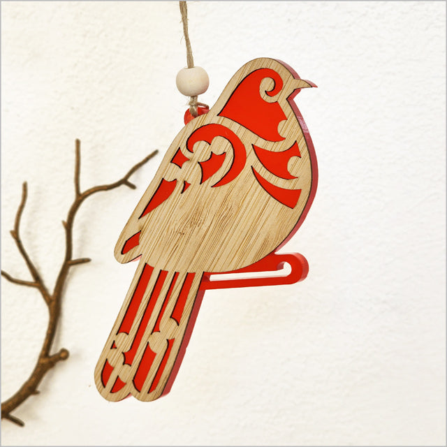 Hanging Ornament - Koru Kereru (Red Satin Acrylic)