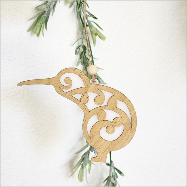 Hanging Ornament - Koru Kiwi (White Satin Acrylic)