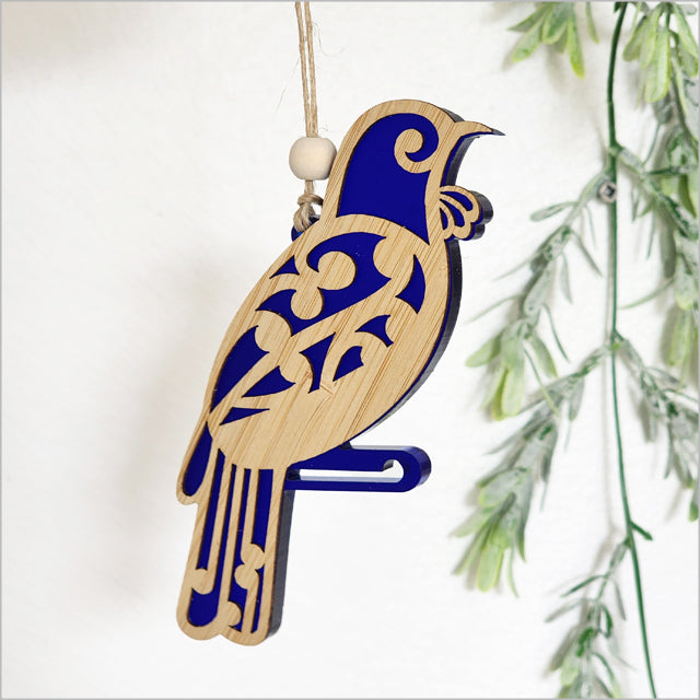 Hanging Ornament - Koru Tui (Blue Satin Acrylic)