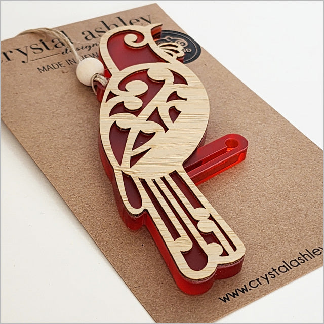 Hanging Ornament - Koru Tui (Red Satin Acrylic)