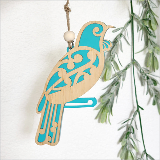 Hanging Ornament - Koru Tui (Teal Satin Acrylic)