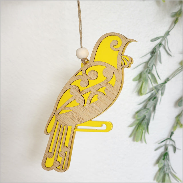 Hanging Ornament - Koru Tui (Yellow Satin Acrylic)