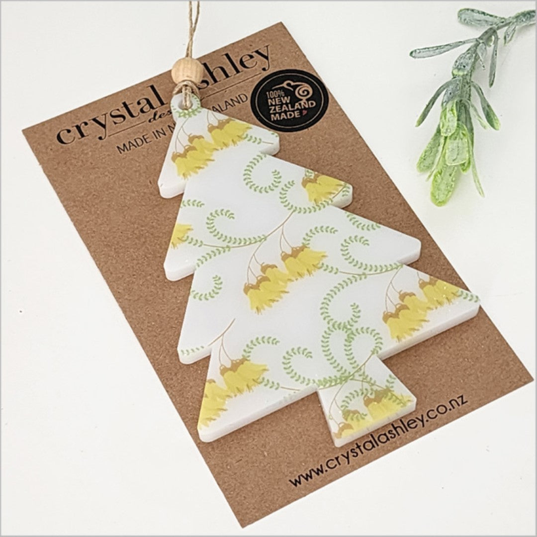 Elegant Kowhai printed tree ornament in laser-cut satin acrylic, ideal for holiday decor and easy to hang.