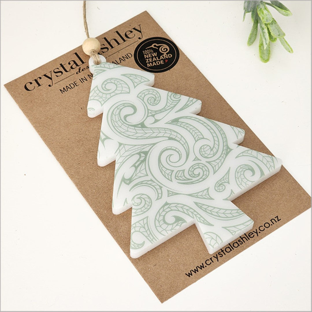 Printed tree ornament in satin acrylic; 88mm x 125mm, perfect for Christmas decor and gifting.