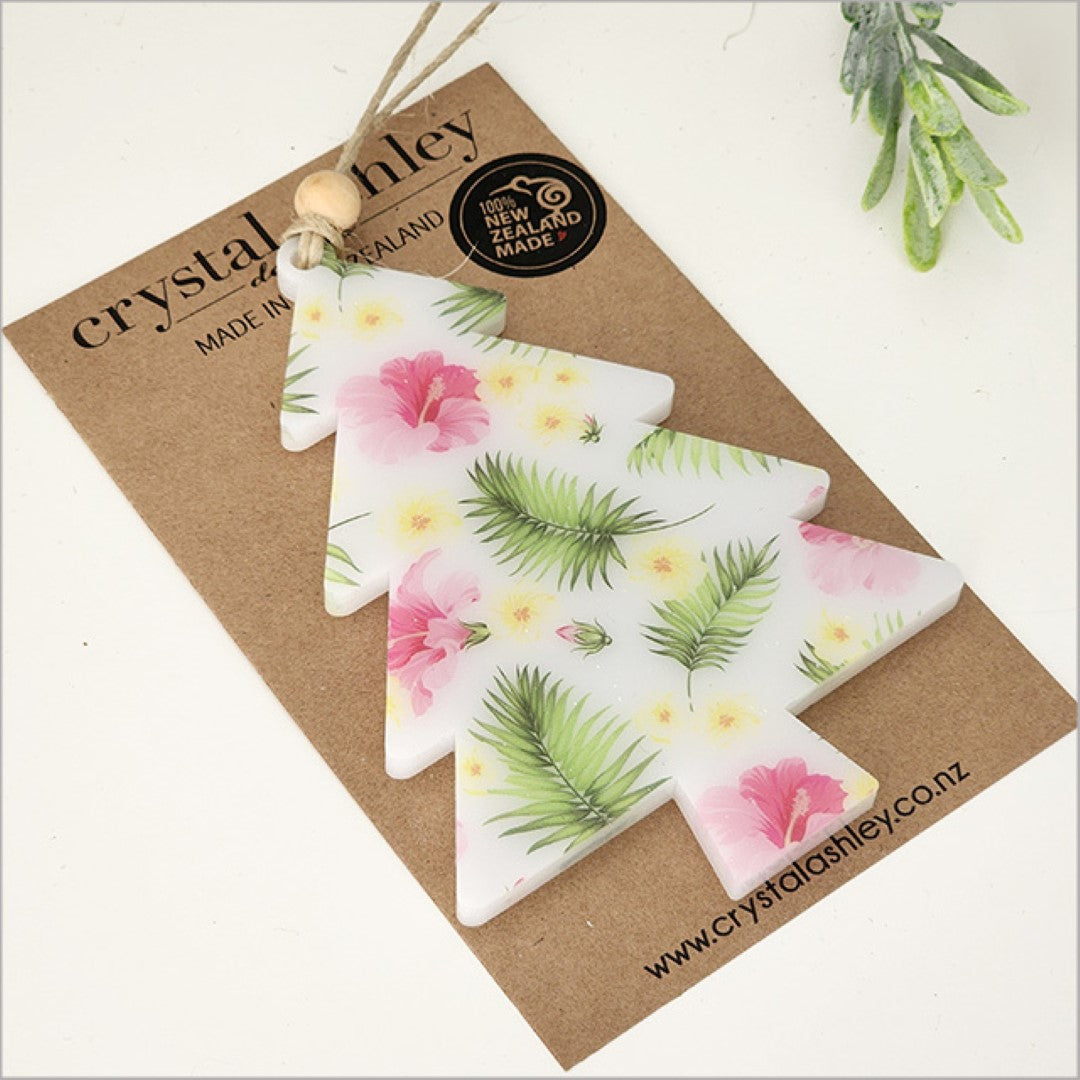 Elegant Printed Tree ornament crafted from 6mm satin acrylic, featuring intricate laser-cut designs, perfect for holiday decor.