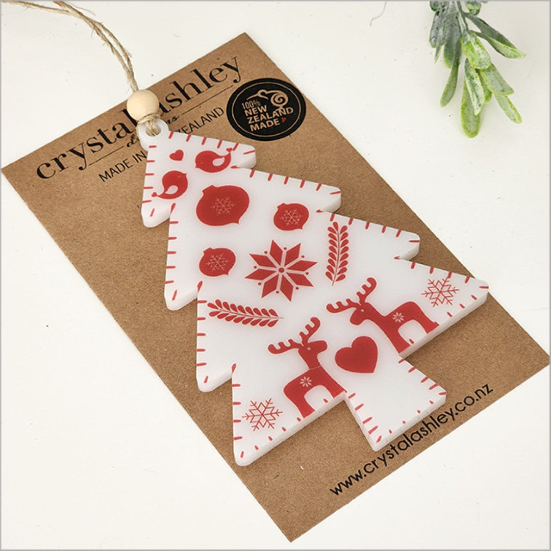 Hanging ornament featuring a red deer design, crafted from 6mm satin acrylic, perfect for holiday decor or gifts.