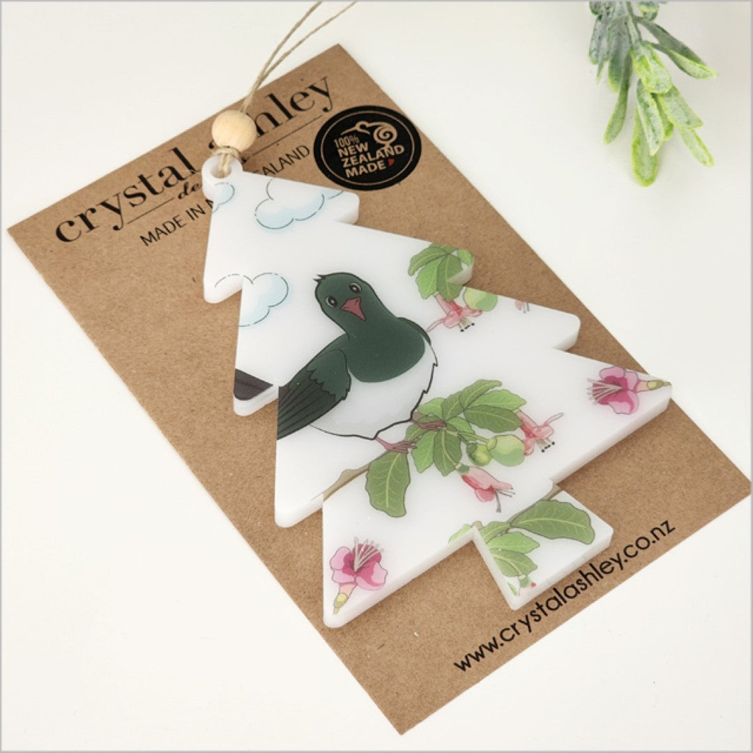 Vibrant Hanging Ornament featuring a Kereru design, crafted from 6mm thick satin acrylic, perfect for holiday decor.
