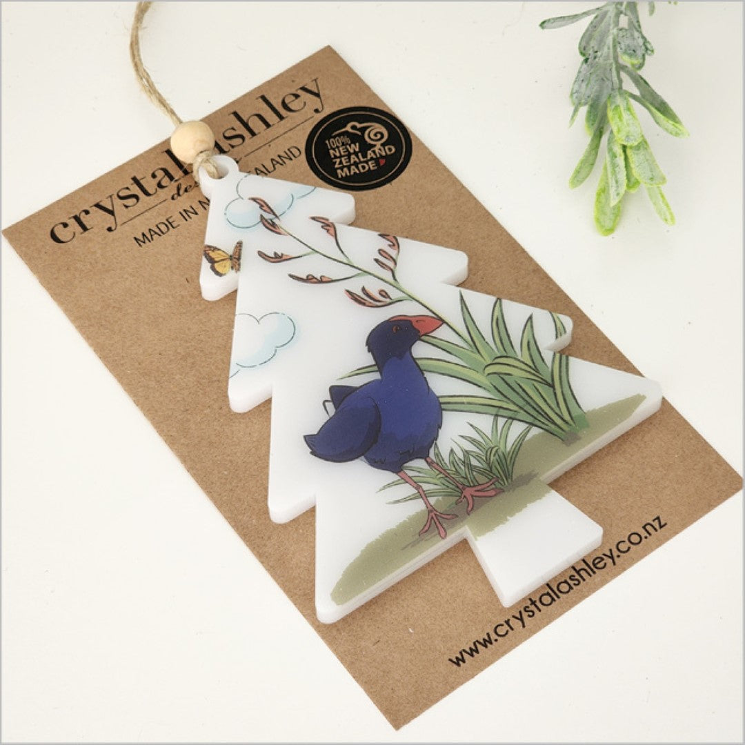 Colorful Hanging Ornament shaped like a Pukeko, crafted from satin acrylic, perfect for holiday decor and gifting.