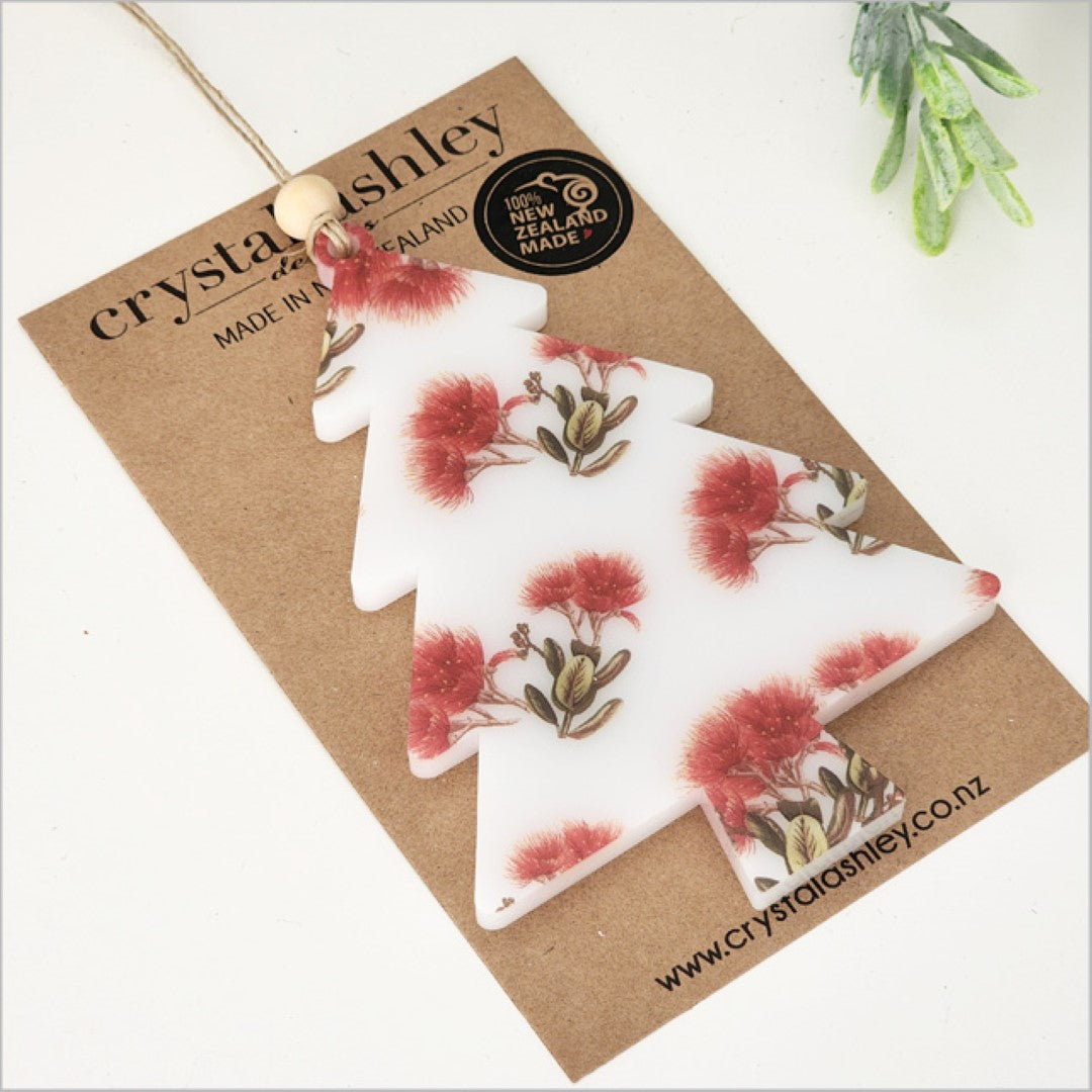 Hanging Printed Tree ornament in satin acrylic, 88mm x 125mm, ideal for holiday decor and gifting.