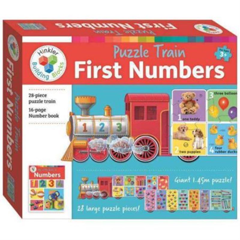 Colorful 28-piece jigsaw puzzle in train shape, teaching numbers and counting, includes bonus 16-page educational book.
