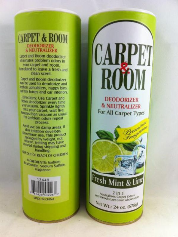 Carpet Powder set of 12, 678g each, in Fresh Mint & Lime scent, eliminates odors and revitalizes carpets for a fresh home.