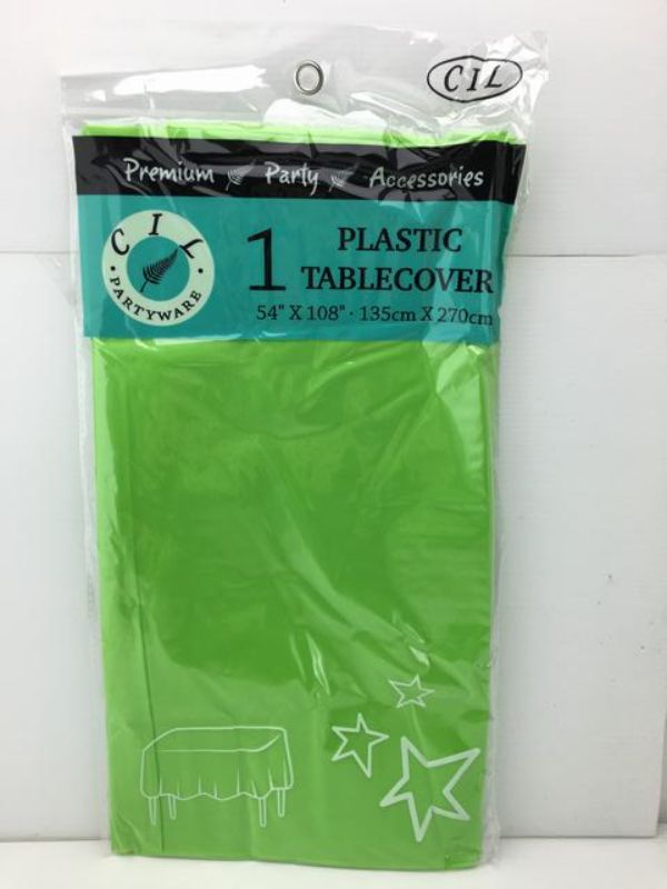 Set of 12 vibrant green plastic table covers, measuring 137 x 274 cm, ideal for various events and easy clean-up.