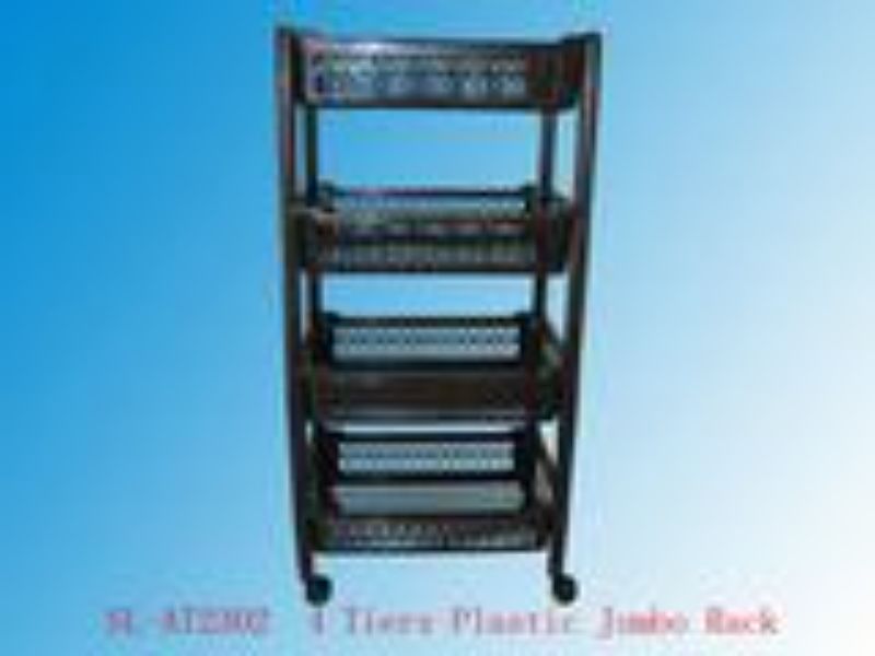 Black plastic trolley with 4 tiers, 96cm high, sold in a set of 12 units for versatile storage solutions.