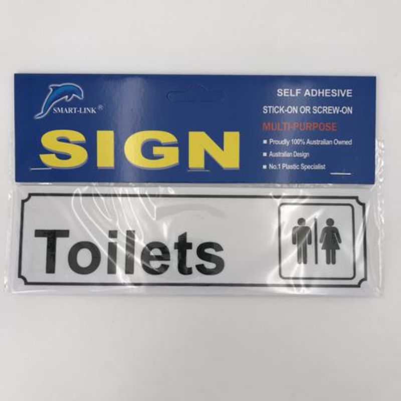 Self-adhesive plastic signs indicating toilets, available in a set of 12 for easy installation.
