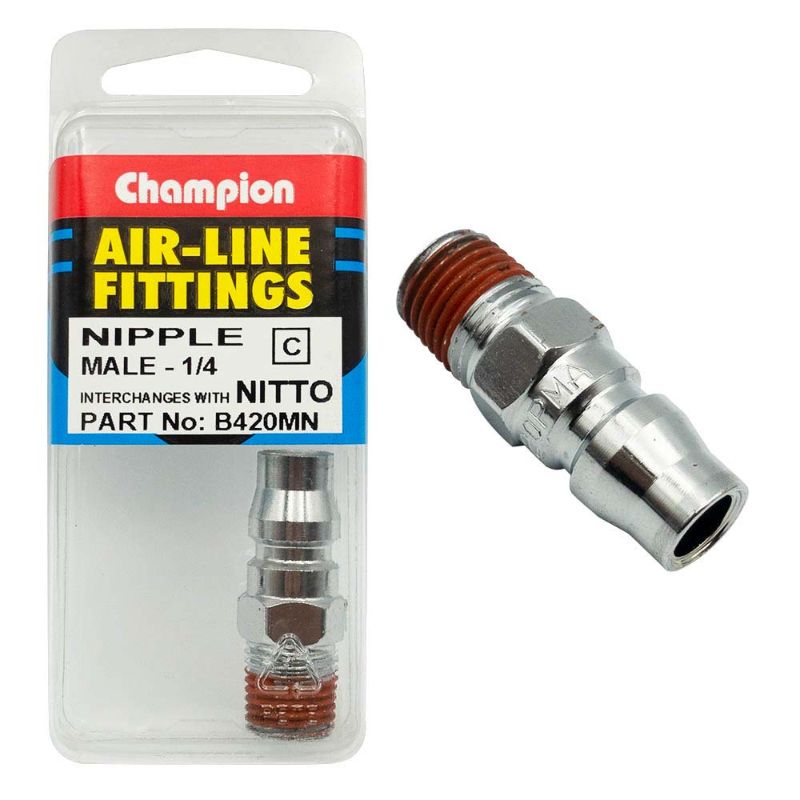 Champion 1/4in Male Air-Line Nipple Nitto for seamless, durable connections in pneumatic systems. Ideal for various applications.