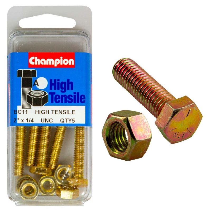 Champion 2 x 1/4in GR5 set screw and nut, designed for high-strength fastening in industrial and mechanical applications.