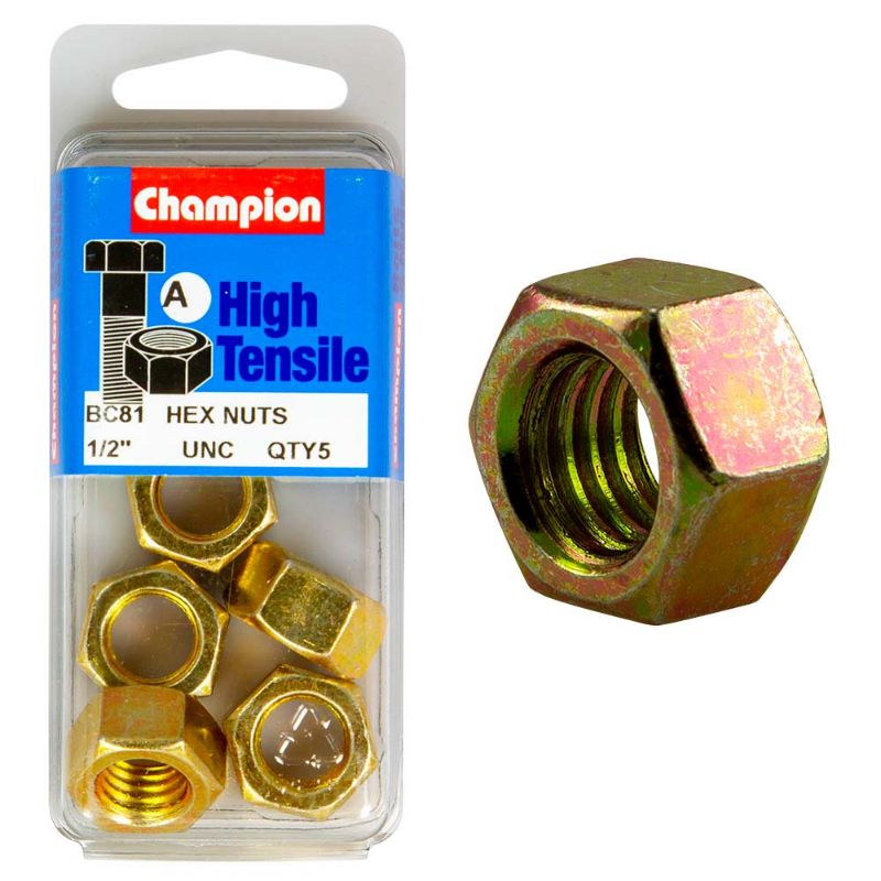 Grade 5 steel 1/2in UNC hex nut for strong, reliable fastening in automotive, machinery, and construction applications.