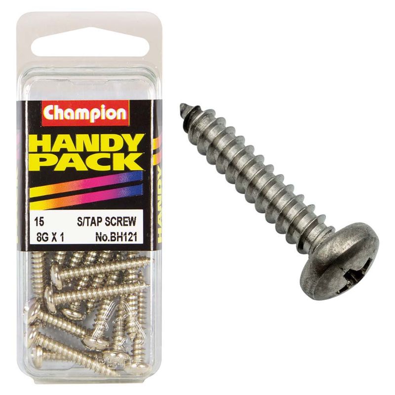 Champion 10G x 7/8in S/Tap Set Screw with pan head design for strong grip, ideal for construction and home improvement tasks.