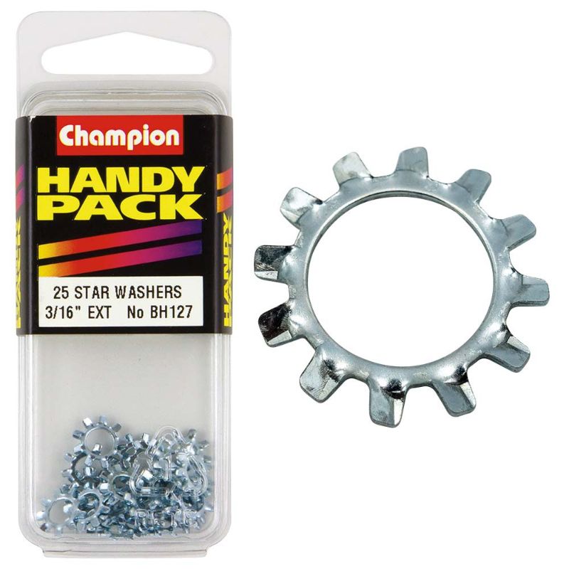 Champion 3/16in External Star Washer with sharp teeth for secure grip, ideal for automotive, industrial, and DIY projects.