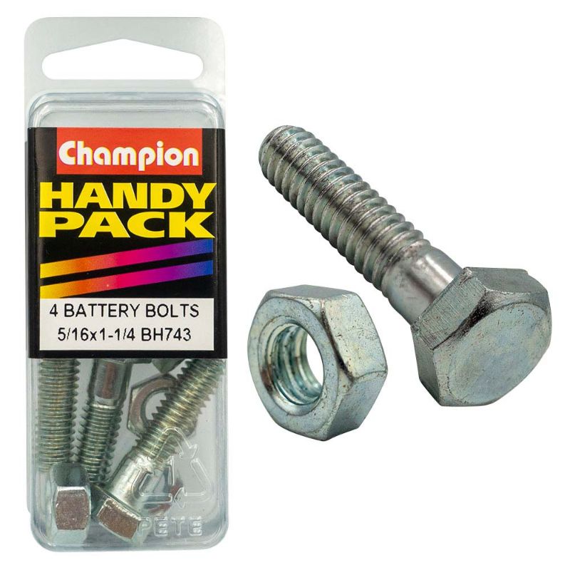 Heavy-duty 5/16in x 1-1/4in square battery bolt and nut set designed for exceptional durability and corrosion resistance.