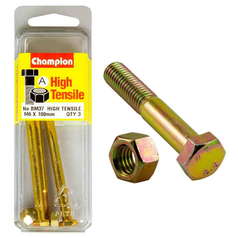 Champion M6 x 100 Bolt & Nut (A) - GR8.8 for heavy-duty projects, offering strength, corrosion resistance, and precise fit.