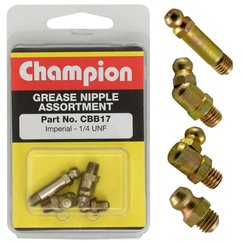 Champion 4Pc Imperial grease nipple assortment featuring durable 1/4in UNF threads for optimal machinery lubrication.