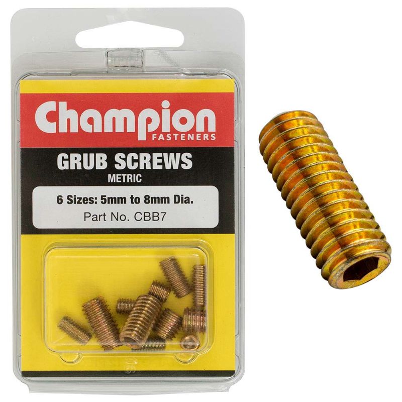 Champion 12Pc Metric Grub Set Screw Assortment featuring diverse sizes for precision fastening in machinery and DIY projects.