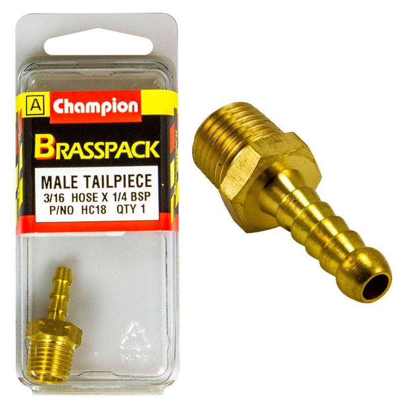 Champion Brass 3/16in x 1/4in Male Hose Barb for secure fluid transfer, featuring a leak-free brass connection and corrosion resistance.