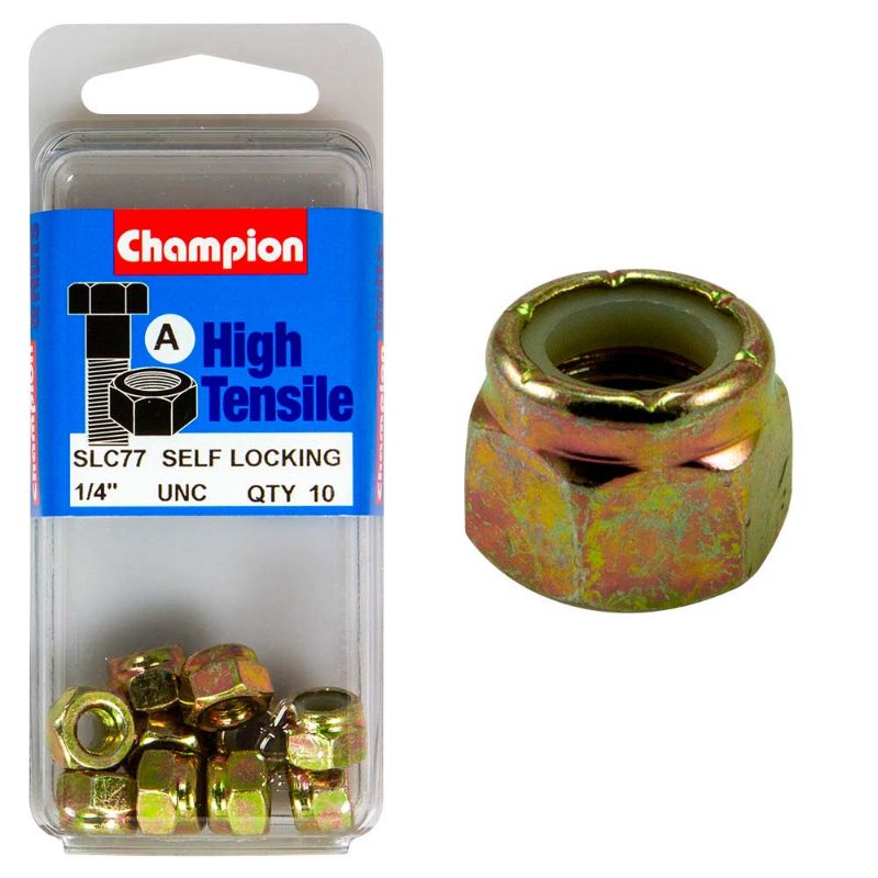 Pack of 10 Champion Nyloc Nuts, 1/4in UNC, designed for secure fastening in automotive and construction applications.