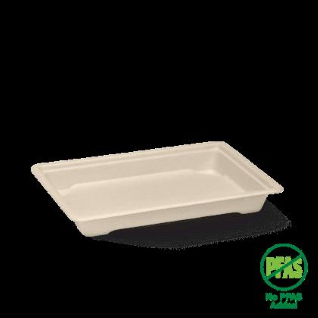 Eco-friendly medium sushi trays made from sugarcane pulp, compostable and PFAS-free, perfect for stylish food presentation.