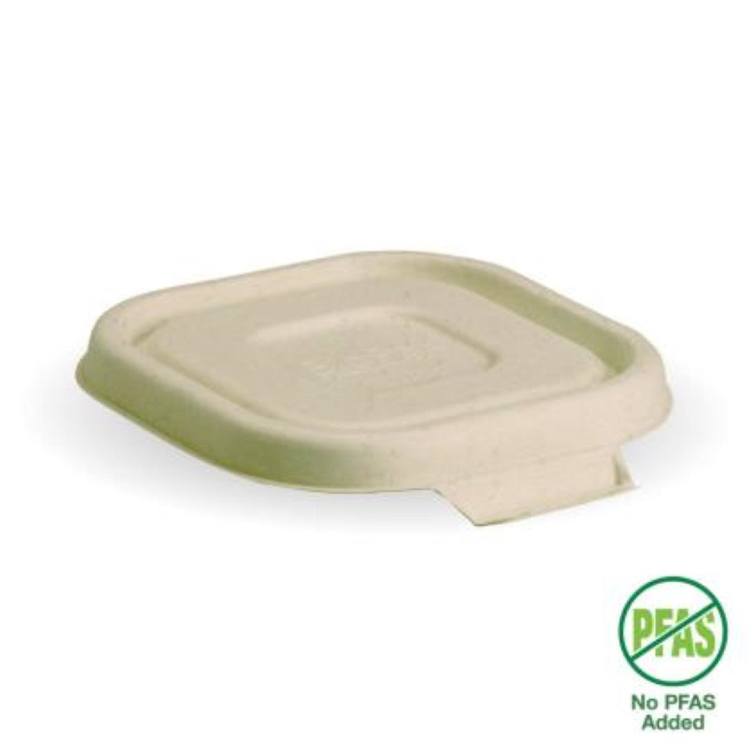 Eco-friendly sugarcane pulp lids for square takeaway containers, compostable and PFAS-free, ideal for sustainable food service.