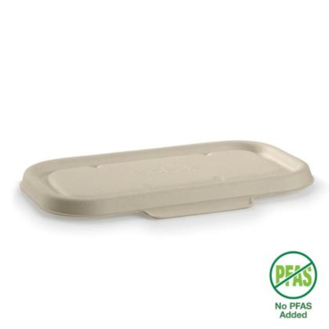 Eco-friendly sugarcane lids for 750-1000ml containers, compostable and microwave-safe, packed in 125PC sets.