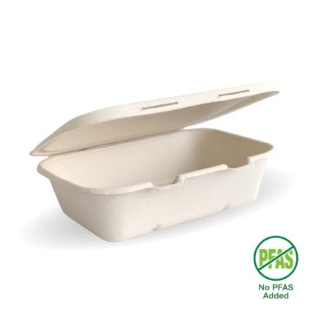 Eco-friendly Clam Biocane Rectangle container made from sugarcane pulp, 7.5x5x1.9 inches, biodegradable and compostable.