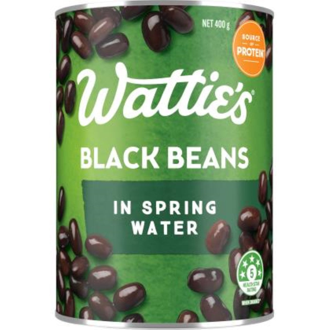 Black beans in springwater from Wattie's, ideal for salads, stews, and soups, packed in a 400g can.