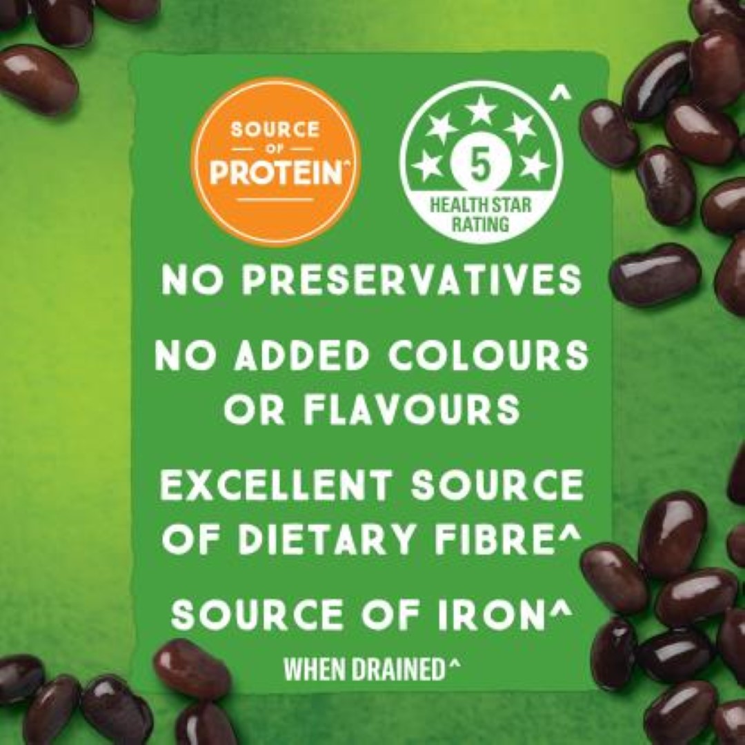 Canned Black Beans in Springwater, rich in flavor and nutrients, perfect for salads, stews, and soups (Wattie's 400g).