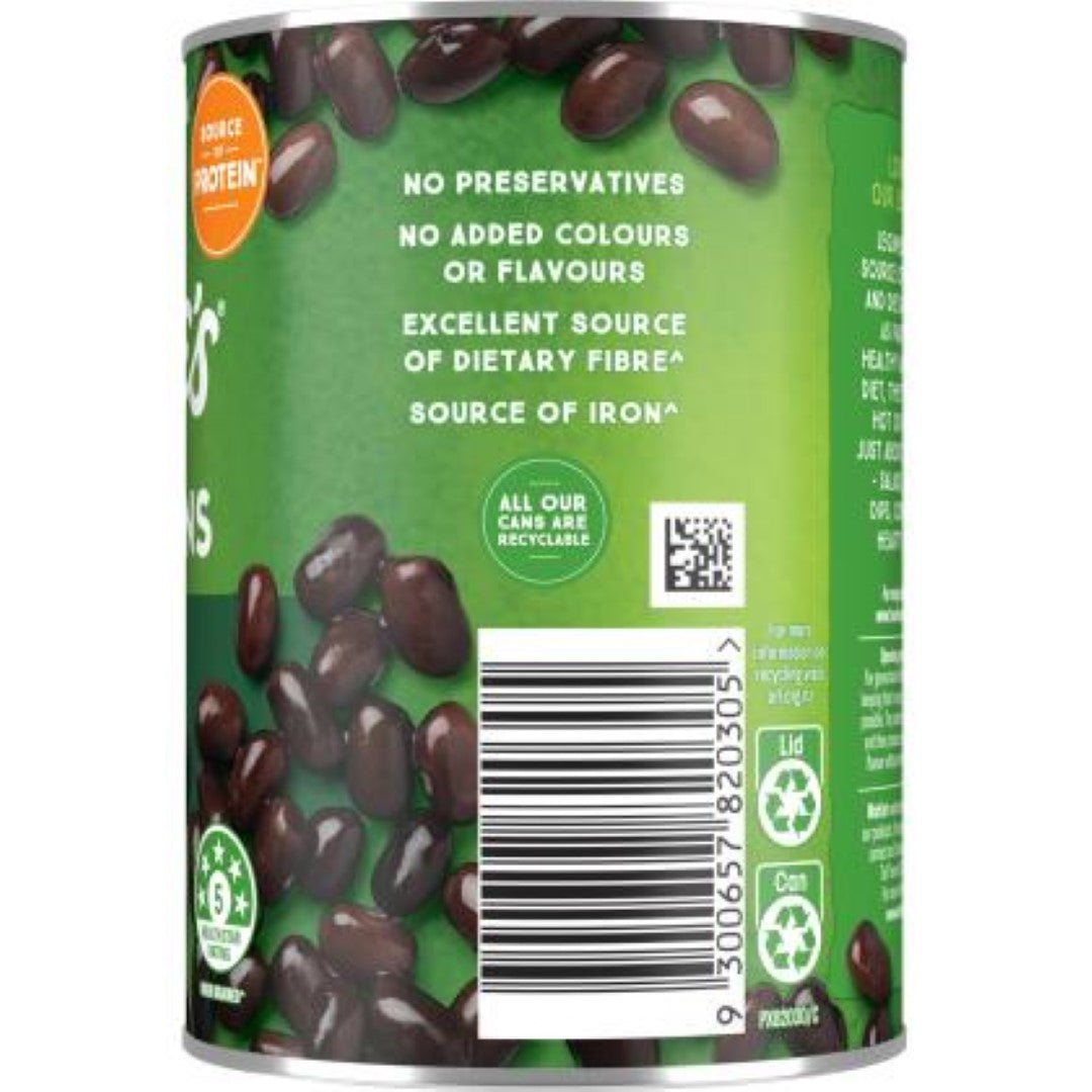 Black beans in springwater by Wattie's, perfect for salads, stews, and soups, offered in a 400g can.