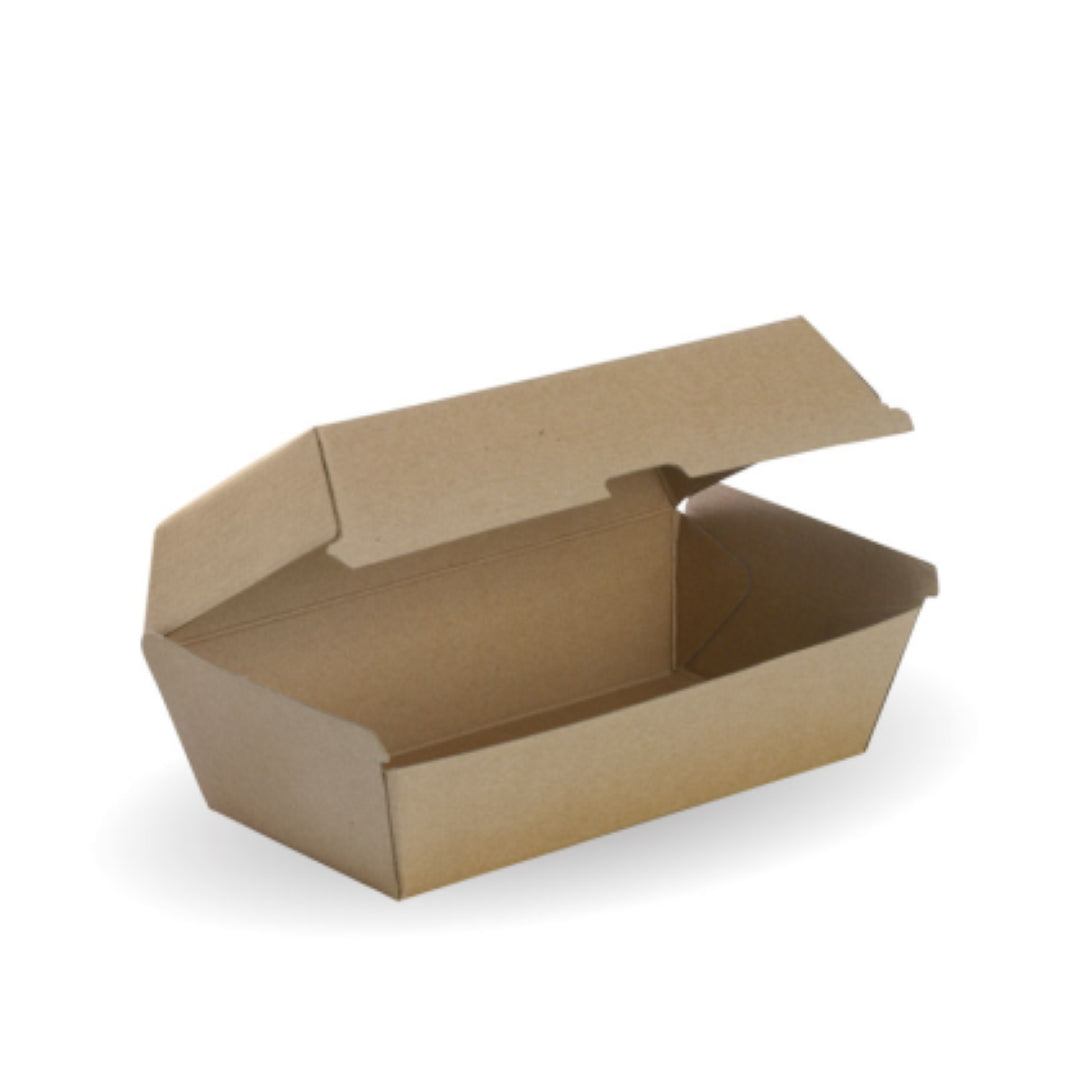 Eco-friendly brown snack boxes from BioPak, made from recycled paper and home compostable, perfect for takeaways (50PC).