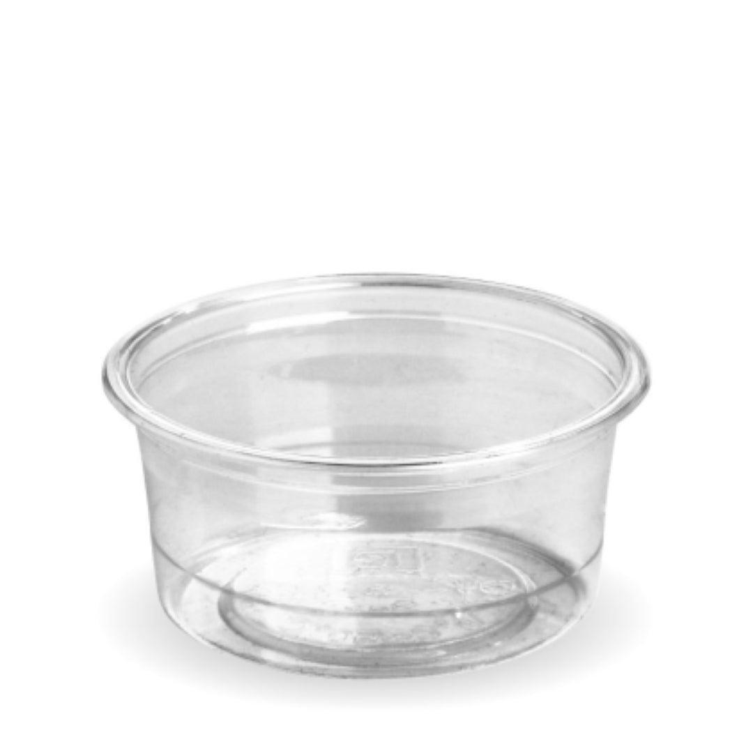 Clear 90ml biodegradable sauce cups from Biopak, ideal for eco-friendly serving of sauces and dips, 50-pack.