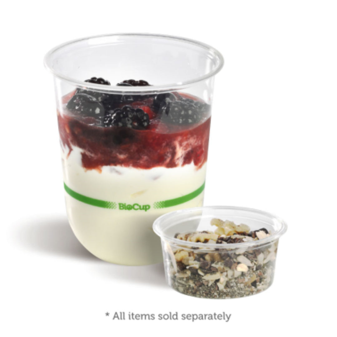 Clear 90ml biodegradable sauce cups from Biopak, eco-friendly and perfect for serving dips and dressings (50 pcs).