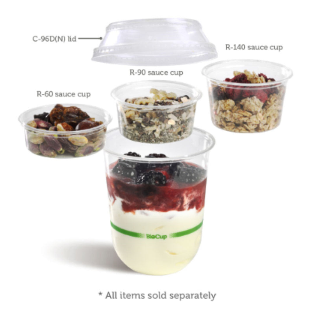 Eco-friendly 90ml clear sauce cups from Biopak, perfect for dips and dressings, in a pack of 50 for sustainable serving.