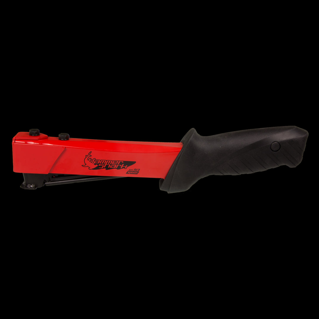 APEXON Heavy Duty Hammer Tacker in red, featuring all-steel construction, ergonomic handle, and bottom-loading staple mechanism.
