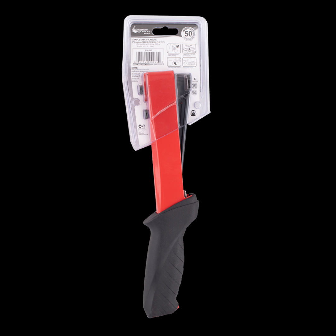 APEXON Heavy Duty Hammer Tacker with ergonomic grip, bottom-loading mechanism, and durable steel design for roofing and insulation projects.